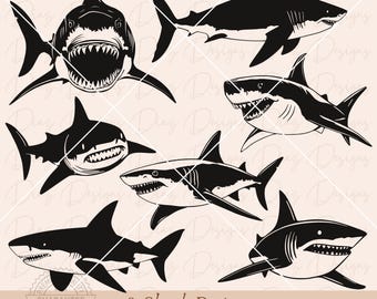 Tiburones svg, silueta tiburon blanco clipart, animales marinos svg, vida marina clipart, diseños acuaticos nauticos, tiburon oceano cricut.