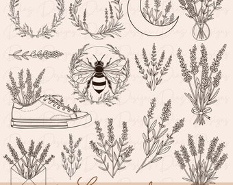 Lavender bundle svg, lavender flower designs png, botanical svg, hand drawn lavender floral clipart, lavender cut files, essential oil art.