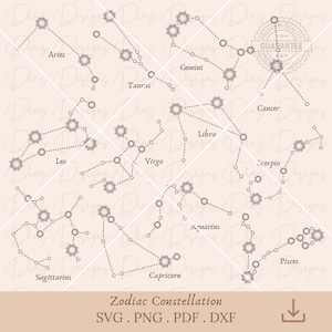Signe du zodiaque constellation svg, étoile du zodiaque png, symbole de l'horoscope svg, clipart astrologie, svg poissons, svg lion, svg bélier, svg balance.