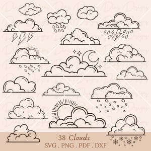 Nubes dibujos clipart, paquete nubes svg, vector nube, Meteorología, nubes infantiles, nubes cricut, nubes para colorear svg, nubes contorno