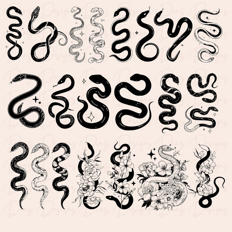 May include: A set of 20 black and white illustrations of snakes in various poses. Some snakes are curled up, while others are slithering. Some snakes are adorned with flowers.