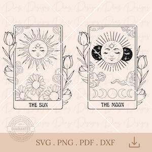 Carta tarot sol svg, archivo de corte tarot luna, diseño tarot luna png clipart, carta magica svg, bruja svg, mistico png, celestial vector.