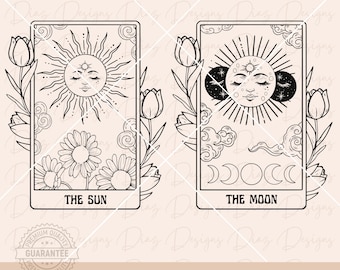 Carta tarot sol svg, archivo de corte tarot luna, diseño tarot luna png clipart, carta magica svg, bruja svg, mistico png, celestial vector.