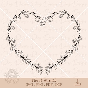 Herz-Blumenrahmen SVG, Blumenrahmen PNG, Tulpenkranz Clipart, Tulpen-Schnittdatei, Cricut-Blumenmonogramm, Herzkranz SVG.