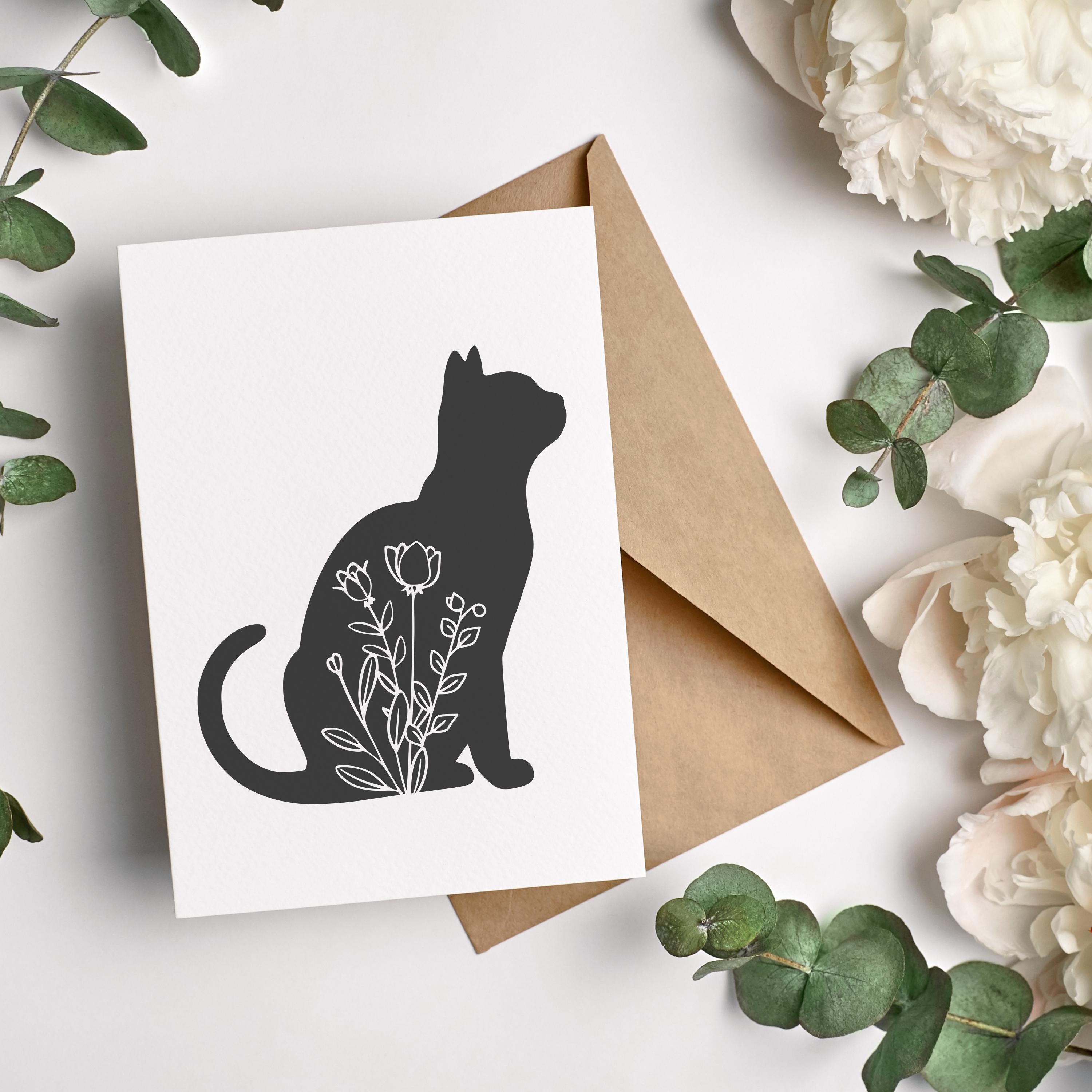 花柄の猫のシルエット SVG、猫の花のアウトライン SVG、座っている猫の