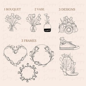 May include: A set of black and white line art illustrations featuring tulips. The illustrations include a bouquet of tulips, a vase of tulips, a camera with tulips growing out of it, a heart-shaped frame with tulips, a circular frame with tulips, and a pair of cowboy boots with tulips growing out of them.