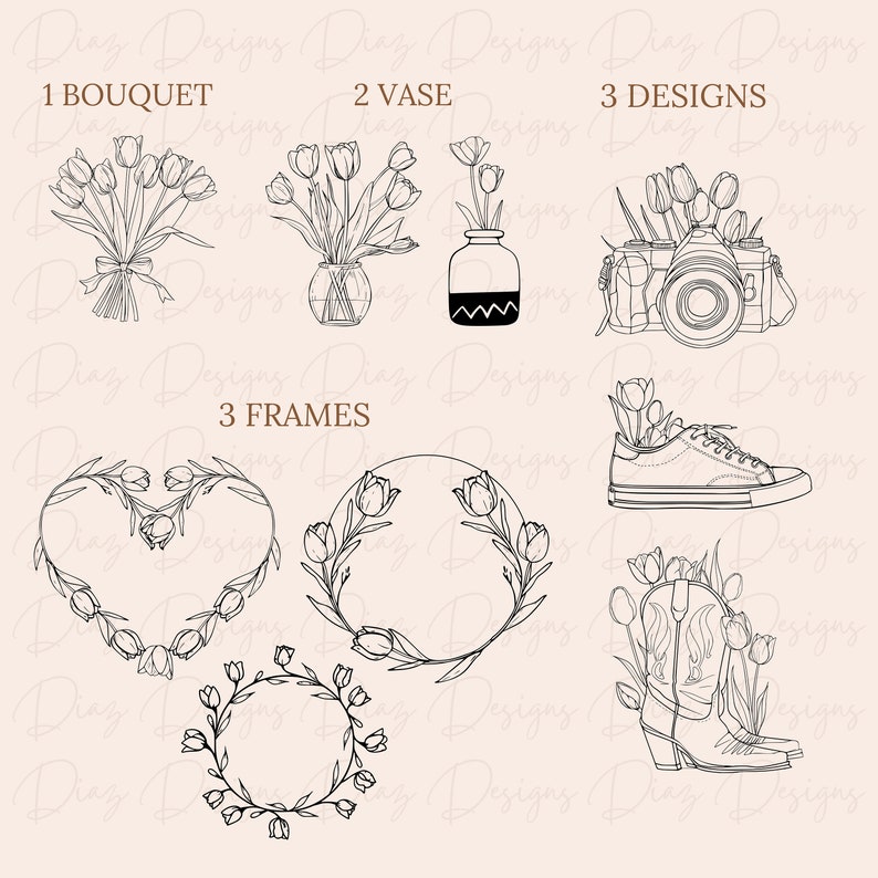 May include: A set of black and white line art illustrations featuring tulips. The illustrations include a bouquet of tulips, a vase of tulips, a camera with tulips growing out of it, a heart-shaped frame with tulips, a circular frame with tulips, and a pair of cowboy boots with tulips growing out of them.