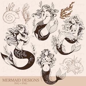 Dessins de sirène svg, dessin de sirène png, coloriage de sirène, clipart de sirène, fichier de découpe de sirène, svg de coquillages, clipart de vie marine