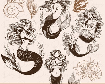 May include: A set of five brown silhouette illustrations of mermaids with flowing hair and tails. The mermaids are surrounded by seaweed, seashells, and flowers. The text "MERMAID DESIGNS SVG + PNG" is at the bottom of the image.