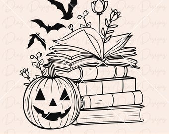 Halloween floral book svg, pumpkin book clipart, spooky book png, bookworm svg, reading svg, wildflower book svg, halloween library cricut.
