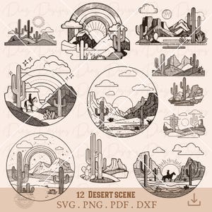 Wüstenlandschaft SVG, Wüste PNG, Wüstenszene Vektor, Cowboy Clipart, Kaktusszene PNG, Kaktuslandschaft PNG, Westernwüste SVG.