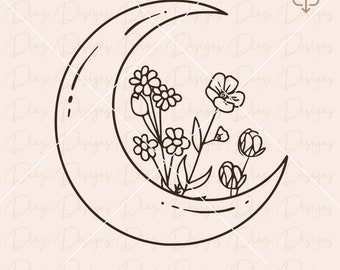 Luna mistica svg, luna floral svg, luna boho clipart, luna flores cricut, luna botanica png, luna celestial svg, diseño luna bruja clipart.