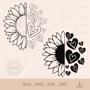 Corações de girassol svg, girassóis png, girassóis clipart, flores clipart, flores silvestres clipart, arquivos florais svg, botânica cricut