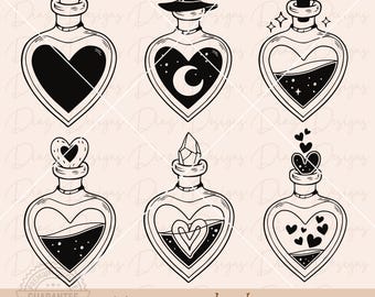 Peut inclure: Illustration en noir et blanc de six flacons de potion en forme de cœur. Chaque flacon contient un motif unique, notamment un cœur, un croissant de lune et des étoiles. Le texte "Magic potion bottles" est en bas.