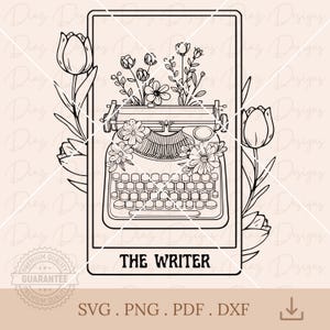 Carta tarot escritor svg, diseño tarot maquina de escribir clipart, amante lectura vector, bruja png, mistico png, biblioteca clipart.
