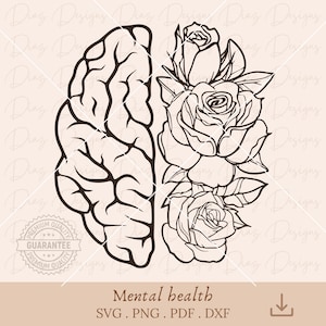 Floral brain svg, brain flowers clipart, mental health svg, mind health cricut, anatomy svg, floral brain png, self love png, awareness svg.