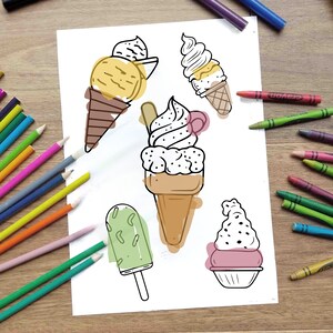 Puede incluir: Una página para colorear en blanco y negro con cinco helados diferentes: un cono con una bola de helado, una paleta, una taza de helado y dos conos con diferentes bolas de helado.
