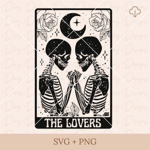 The lovers tarot card svg, skeleton lovers card svg, skull lovers clipart, gothic skull svg, valentine&#39;s day skull svg, mystical moon svg.