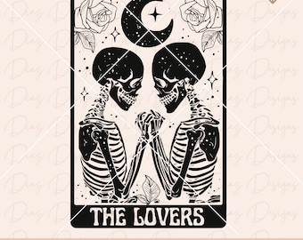 The lovers tarot card svg, skeleton lovers card svg, skull lovers clipart, gothic skull svg, valentine's day skull svg, mystical moon svg.