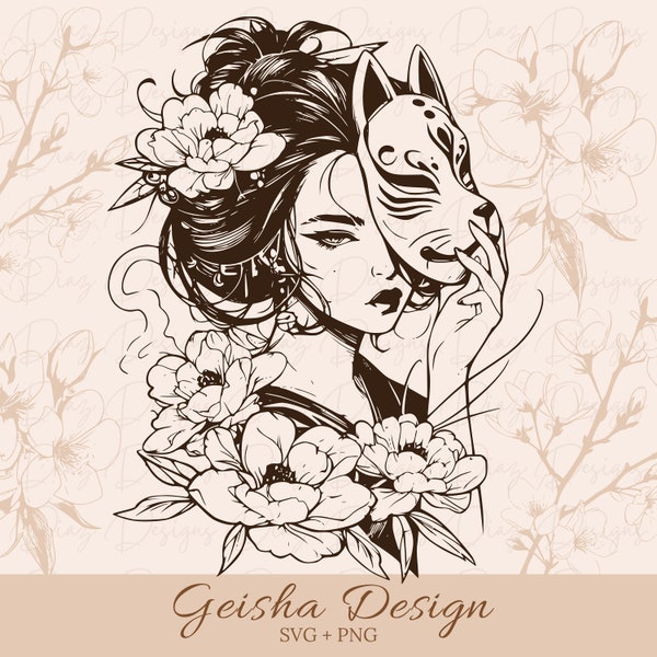 Geisha svg cut file, japanese geisha png, geisha clipart, geisha kitsune mask cricut, geisha tattoo design cut file, japanese girl svg