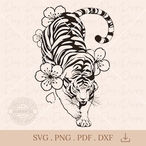 Blumentiger SVG, Sakura-Tigerkopf SVG, japanisches Tigertattoo, Tigergesicht-Clipart, wilder Tiger PNG, Tiger-Vektor, Tigertier-Cricut.