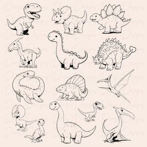 May include: A set of 12 black and white line drawings of different dinosaurs. The dinosaurs include a Tyrannosaurus Rex, Triceratops, Stegosaurus, Brachiosaurus, Pterosaur, and others.
