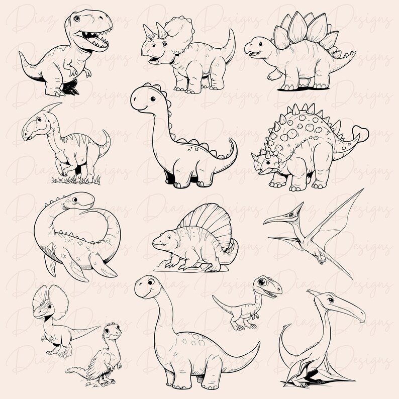 May include: A set of 12 black and white line drawings of different dinosaurs. The dinosaurs include a Tyrannosaurus Rex, Triceratops, Stegosaurus, Brachiosaurus, Pterosaur, and others.