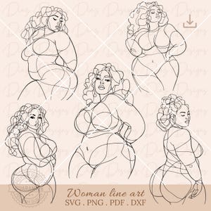 Plus size woman line art svg, empowered women svg, sexy body positive png, curvy girl clipart, afro lady vector, woman line drawing clipart.