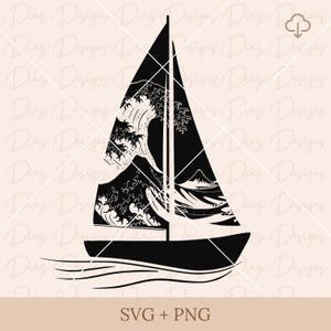 Silhouette de bateau à voile svg, clipart de voilier, fichier de découpe de voilier, clipart de voilier, voilier png, vague japonaise svg, svg maritime.