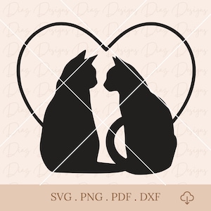 Silhouette de couple de chats svg, contour de cœur de chat png, svg de chat marié et mariée, silhouette de chat noir cricut, clipart amoureux des chats, fichier de découpe de chat.