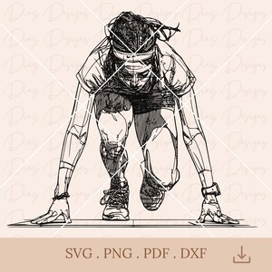 May include: Black and white line drawing of a person in a runner's starting position. The person is wearing a headband and has their hands on the ground.