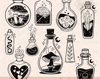 Witch potions svg, magic crystals svg, witches bottle svg, mystic svg, witch potion clipart, magic potion svg, alchemy svg, mushroom svg.