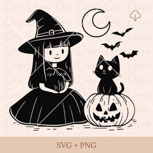 Gruseliges Hexenmädchen Halloween SVG, Halloween Katze Clipart, Halloween Szene png, Hexe Laser Cut Datei, Hexe png, schwarze Katze png
