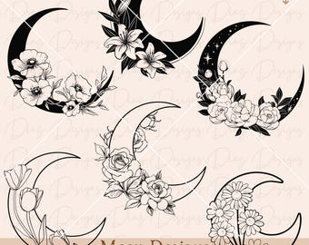 Luna floral svg, luna boho clipart, luna flores cricut, Luna mistica svg, luna botanica png, luna celestial svg, diseño luna bruja clipart.