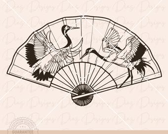 Abanico japonés svg, abanico grulla pajaro japon svg, abanico de mano plegable svg, abanico asiático oriental cricut, ventilador de mano.