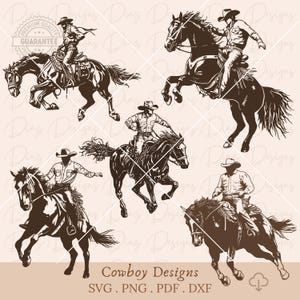 Puede incluir: Cinco ilustraciones en blanco y negro de vaqueros montando a caballo. Los vaqueros llevan sombreros y botas. Los caballos están en varias poses, incluyendo saltar y correr. Las ilustraciones son de estilo vintage.