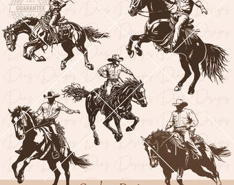レトロなカウボーイの馬の SVG、カウボーイ ロデオのクリカット、乗馬馬のクリップアート、西部のカウボーイのカット ファイル、ワイルド ウェストのベクター、牧場の PNG。