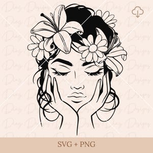 Donna floreale in formato SVG, fiore donna PNG, file di taglio del fiore, vettore botanico della donna, clipart di fiori di campo, arte a linea sottile continua in formato SVG.