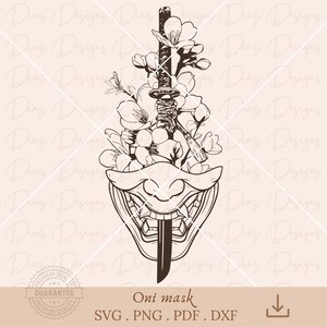 May include: A black and white illustration of an Oni mask with a katana sword and cherry blossoms. The mask has a menacing grin, and the sword is positioned vertically. The blossoms surround the sword and mask. The text "Oni mask" is below the image.