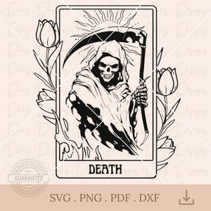 Carta tarot muerte esqueleto svg, parca png, tarot calavera vector, tarot bruja vector, muerte parca clipart, místico png, halloween cricut.