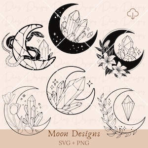 Crystal moon svg, crystal moon clipart, mystical moon png, celestial moon svg, magic crystal png, celestial moon svg, witchy moon cut file