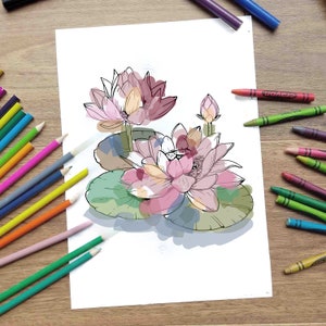 May include: A black and white line drawing of pink water lilies with green leaves. The lilies are partially colored in with shades of pink, yellow, and green.