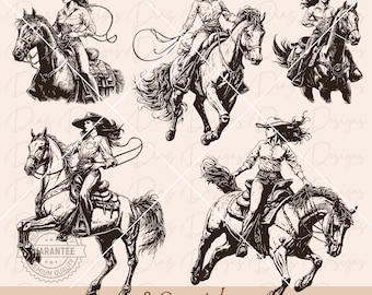 May include: Eight black and white illustrations of cowgirls riding horses. The cowgirls are wearing hats and boots. The horses are in various poses.