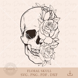Blumenschädel SVG, Blumenschädel SVG, Totenkopf SVG, Rosenschädel Tattoo PNG, Gothic Totenkopf Clipart, Blumenschädel SVG, Totenkopf Vektor.