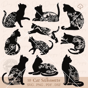 Silhouette de chat floral svg, contour de chat fleurs png, positions de chat japonais svg, vecteur de chat noir, clipart amoureux des chats, clipart japonais.