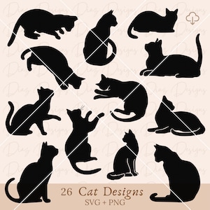 Katzensilhouette SVG, Katzenumriss png, Katzenpositionen Pack SVG, schwarze Katzensilhouette Cricut Vektor, Katzenliebhaber Clipart, Katzen Schnittdatei