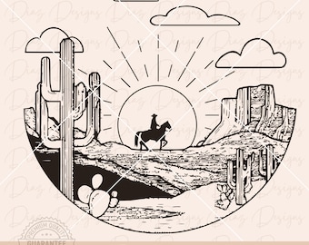 Desert landscape svg, desert scene vector, cactus clipart, western desert svg, wild west png, desert cut file, cowboy vector, arizona png.