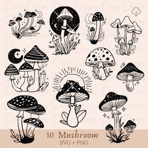 Puede incluir: Diez ilustraciones en blanco y negro de setas con varios diseños. Algunas setas tienen puntos, otras estrellas y otras cristales. El texto "10 Mushroom SVG + PNG" está en la parte inferior de la imagen.