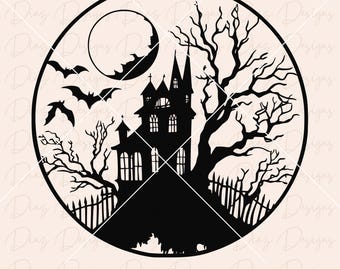 Halloween spookhuis svg, spookhuis svg, Halloween scène svg, eng huis vector, Halloween stad cricut, heksenhuis png.