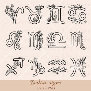Signe du zodiaque svg, symbole svg, fichier de découpe du zodiaque, horoscope svg, signe astrologique clipart, bundle svg du zodiaque, clipart de fleurs du zodiaque